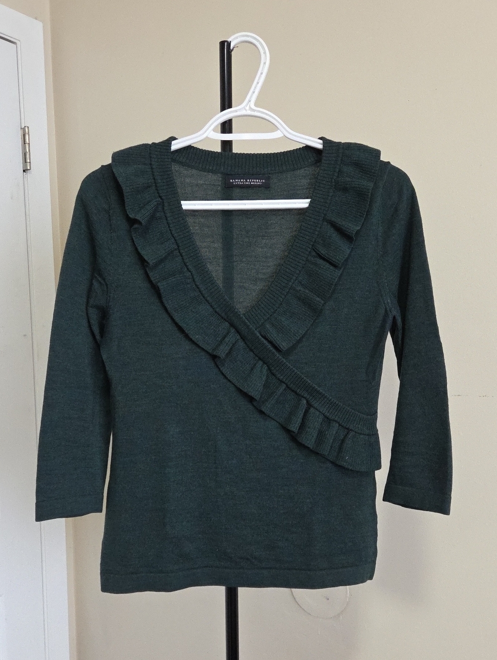 Banana Republic Dark Green Ruffle V-Neck Wrap Sweater